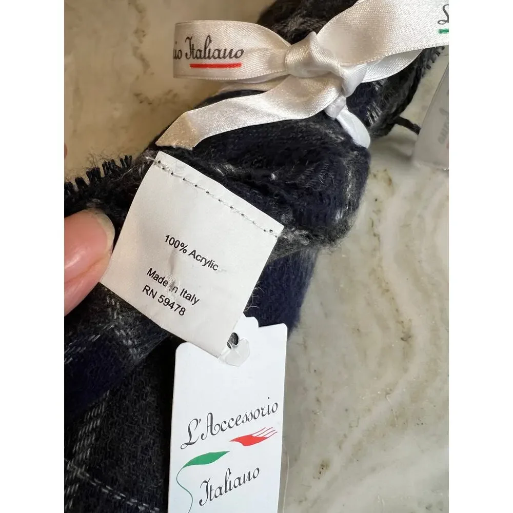 Italian Made Plaid Fringed Scarf Gray Navy Blue
